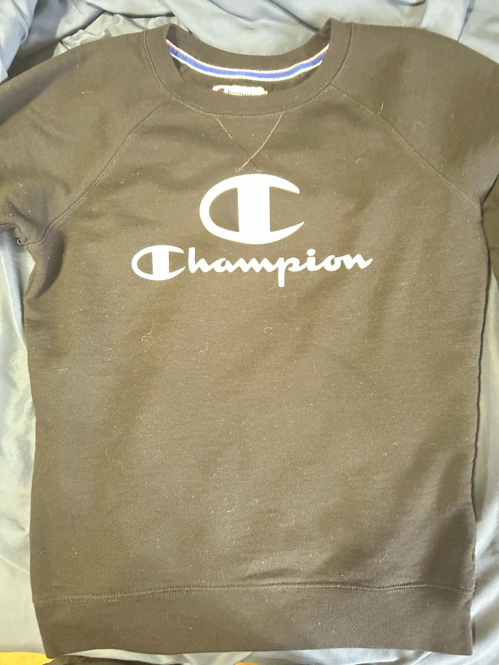 Champion Black Sweatshirt with White and Blue Trim
